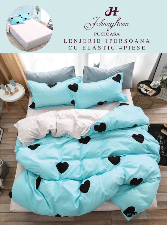 Lenjerie de pat, 1 persoana, Bumbac Finet, 4 piese, Cearceaf cu Elastic, Turcoaz, LPE23