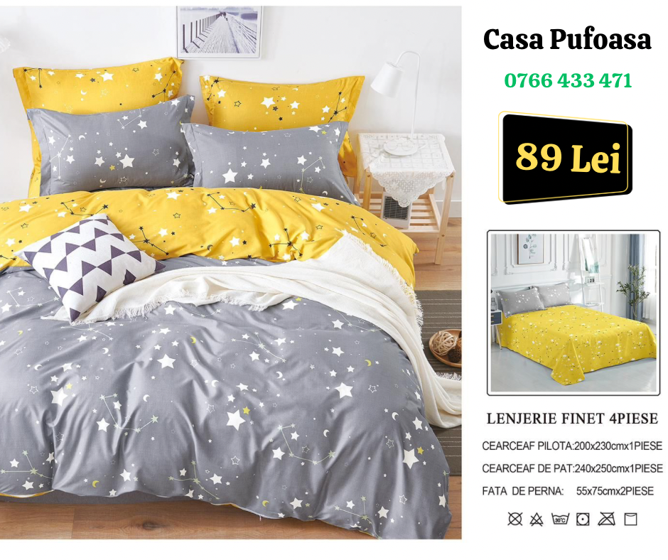 Lenjerie de pat dublu Finet , 4 piese , Gri/galben