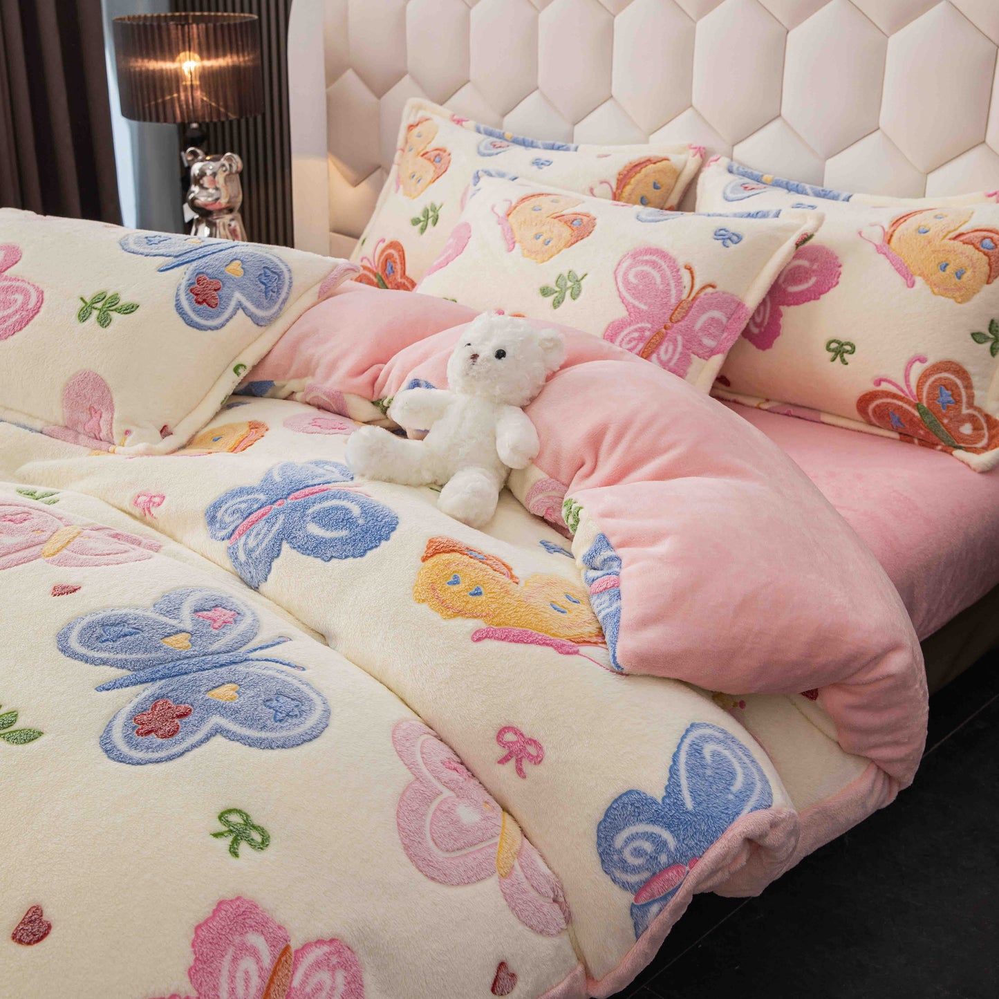 Lenjerie de pat dublu Cocolino , cearceaf cu elastic , 4 piese, Fluturi, Crem-Roz, LC13