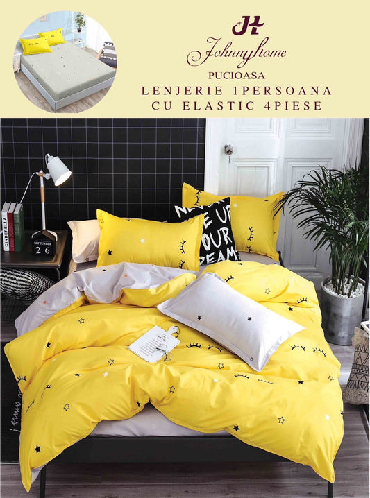 Lenjerie de pat, 1 persoana, Bumbac Finet, 4 piese, Cearceaf cu Elastic , LPE21