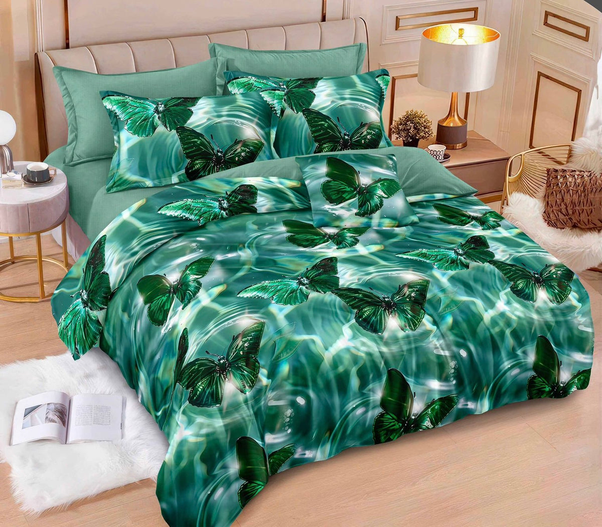 Lenjerie Bumbac finet, pat dublu, 6 piese, verde, fluturi, LTT24