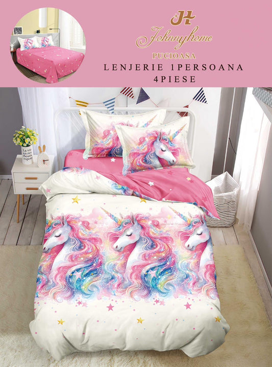 Lenjerie de pat 1 persoană , Bumbac finet, 4 piese, Alb-Roz Unicorni, LOP32