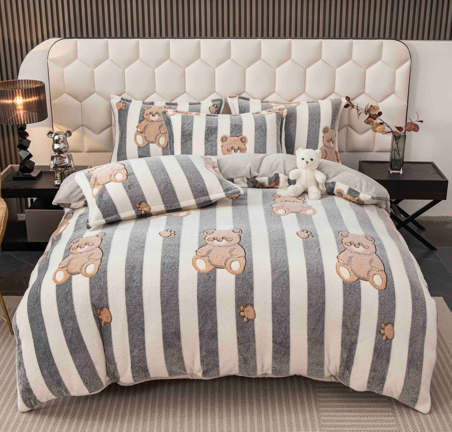 Lenjerie de pat dublu Cocolino , cearceaf cu elastic , 4 piese, ursuleți, Alb-Gri, LC14