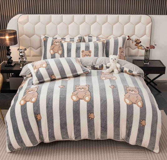 Lenjerie de pat dublu Cocolino , cearceaf cu elastic , 4 piese, ursuleți, Alb-Gri, LC14