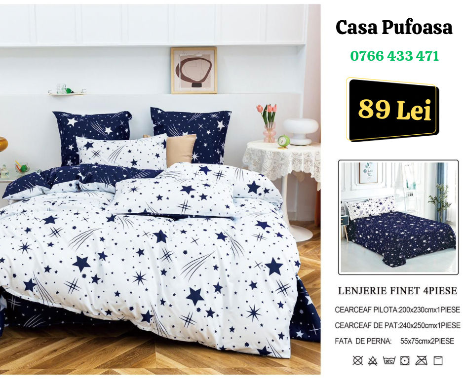 Lenjerie de pat dublu Finet , 4 piese , steluțe alb/albastru