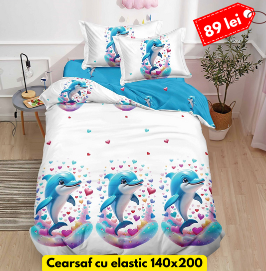 Lenjerie de pat, 1 persoana, Bumbac Finet, 4 piese, Cearceaf cu Elastic, LPE32
