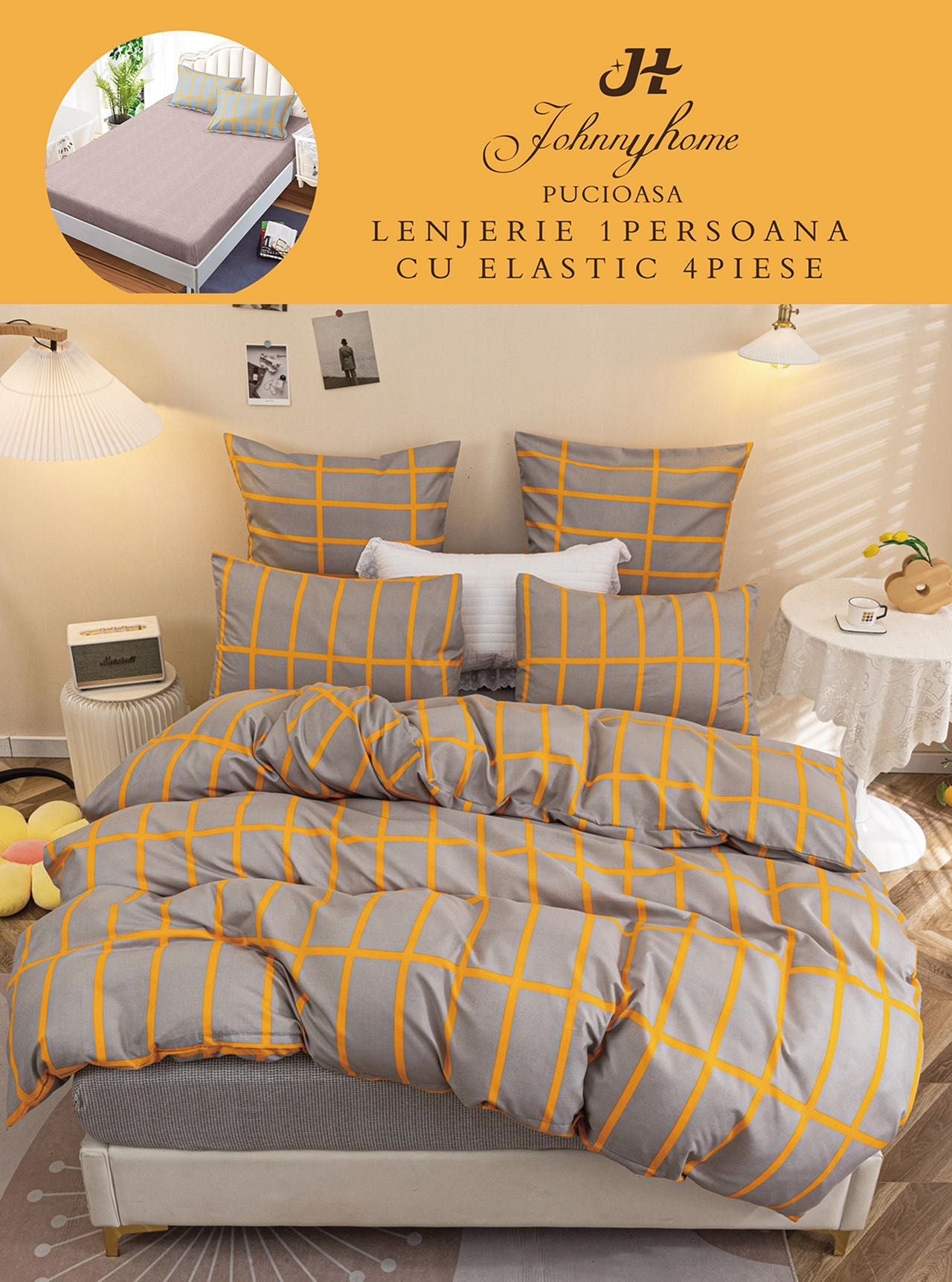 Lenjerie de pat, 1 persoana, Bumbac Finet, 4 piese, Cearceaf cu Elastic
, LPE12