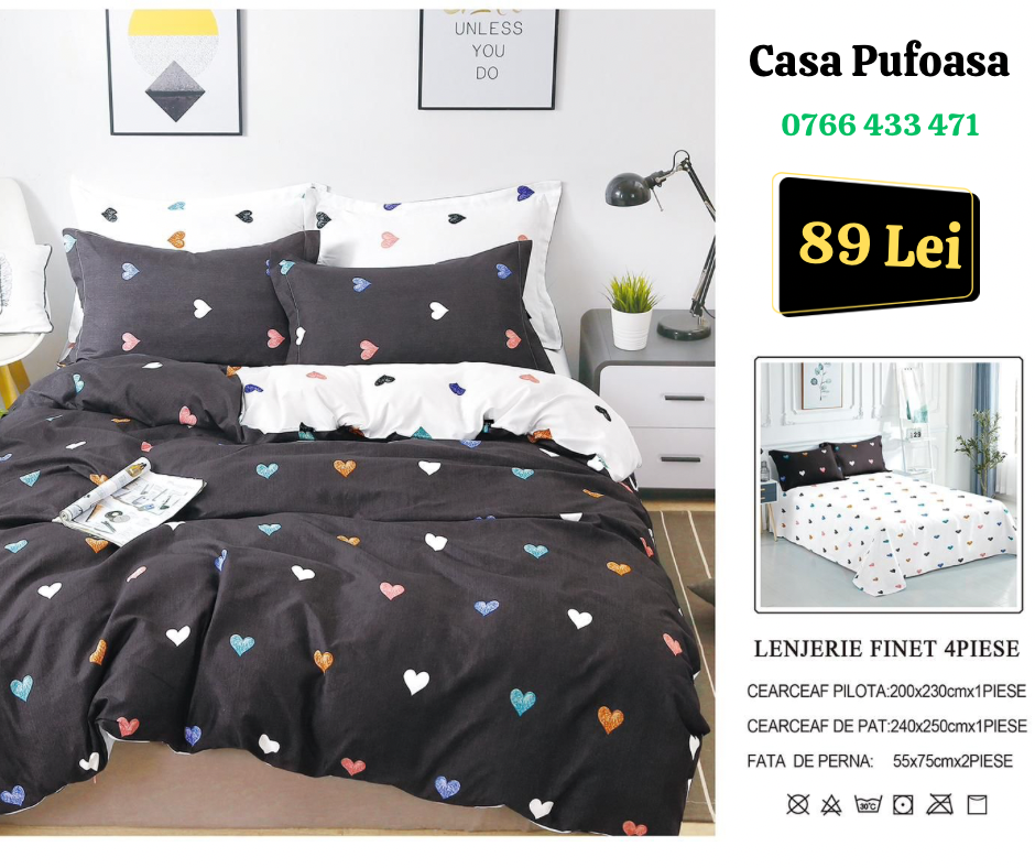 Lenjerie de pat dublu Finet , 4 piese , gri cu inimi