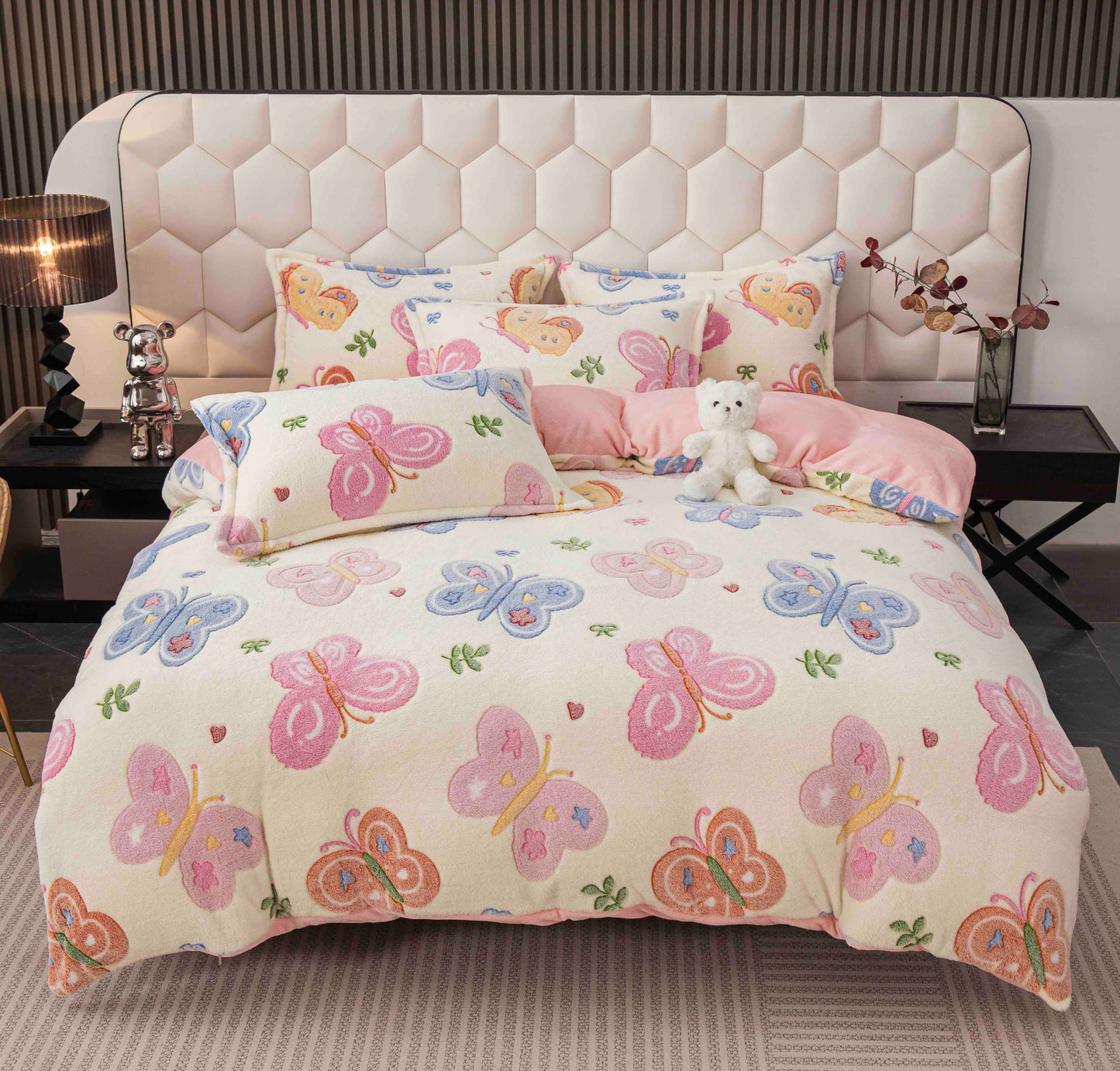 Lenjerie de pat dublu Cocolino , cearceaf cu elastic , 4 piese, Fluturi, Crem-Roz, LC13