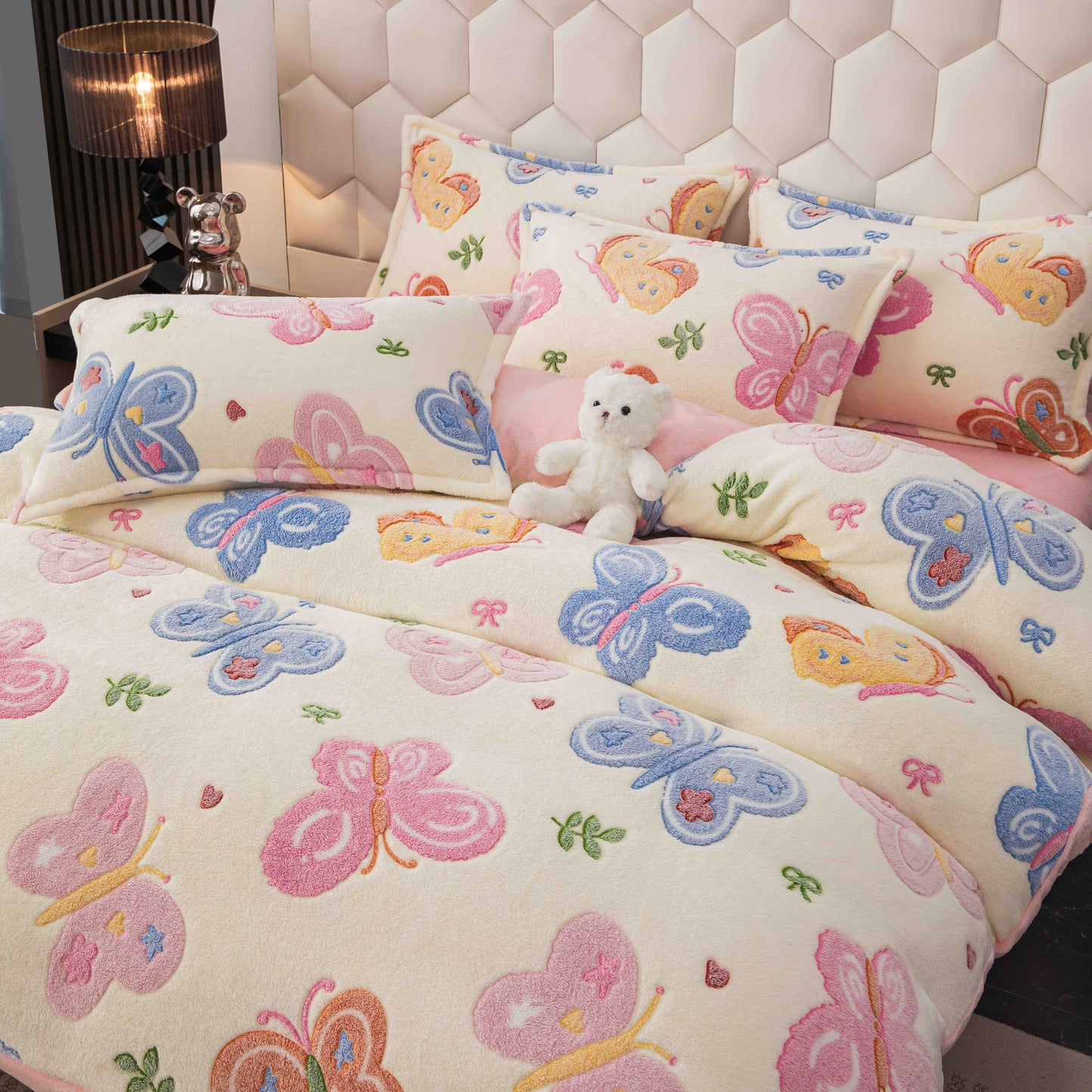 Lenjerie de pat dublu Cocolino , cearceaf cu elastic , 4 piese, Fluturi, Crem-Roz, LC13