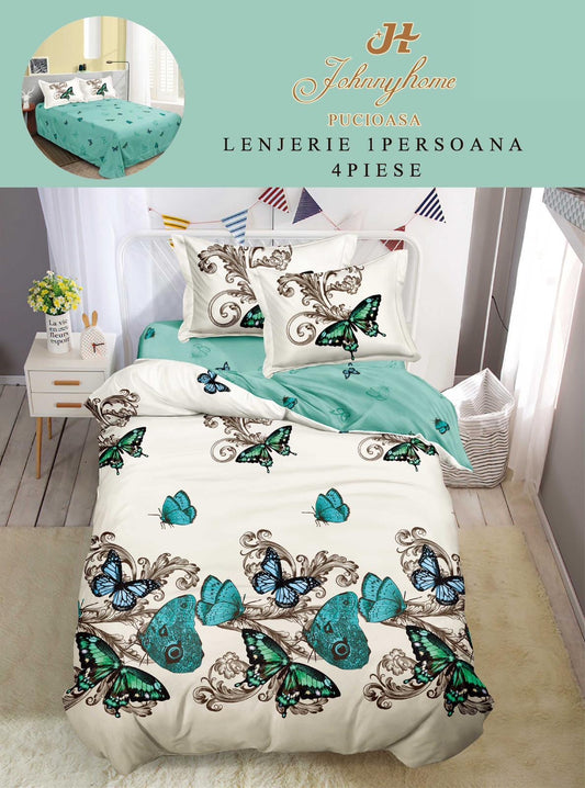 Lenjerie de pat 1 persoană , Bumbac finet, 4 piese, Alb Turcoaz Fluturi, LOP35