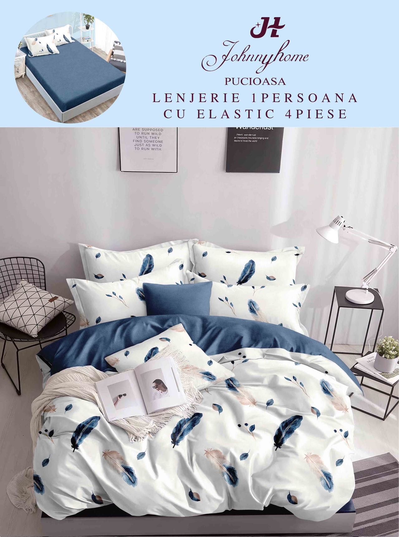 Lenjerie de pat, 1 persoana, Bumbac Finet, 4 piese, Cearceaf cu Elastic , LPE17