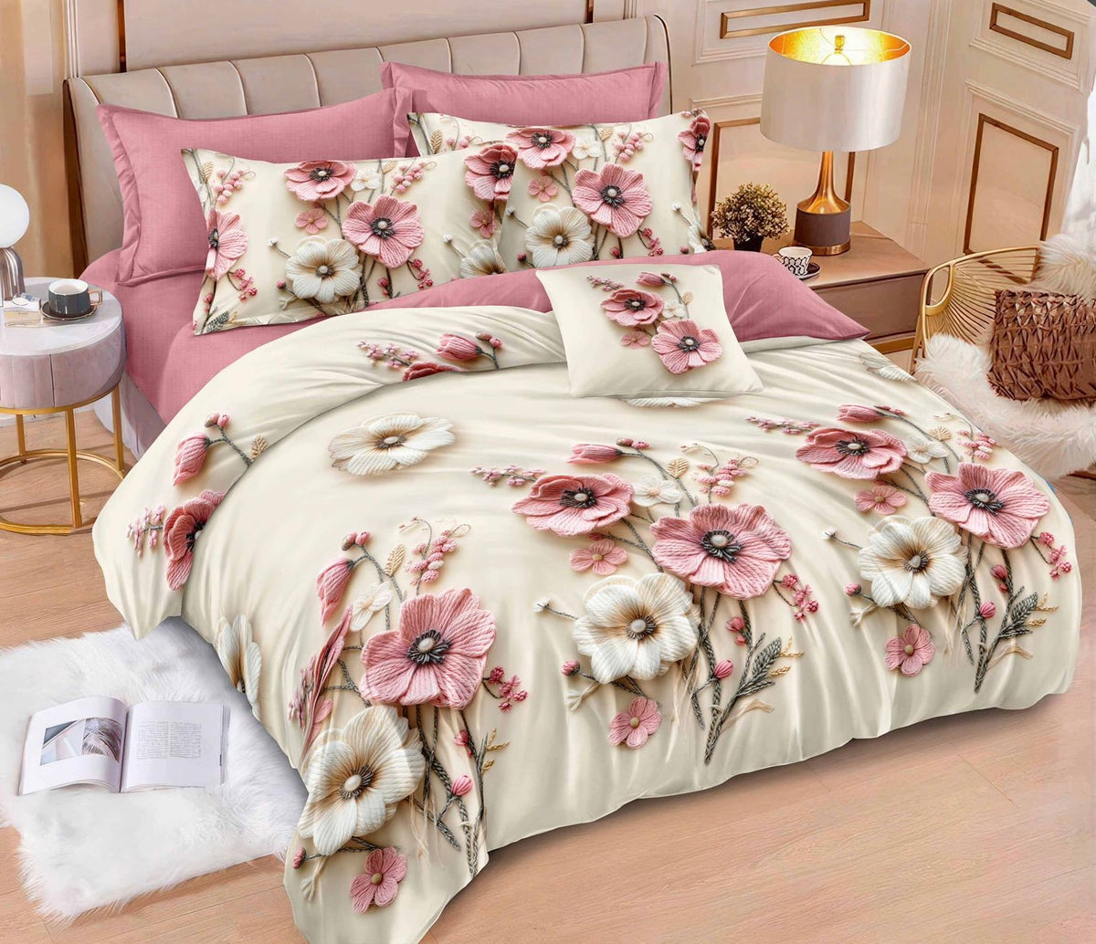 Lenjerie Bumbac finet, pat dublu, 6 piese, Crem-Roz, LTT27