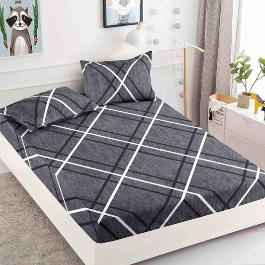 Set 3 piese, Husa de pat cu elastic din Bumbac Finet, 2 Fete de Perna, Pat 1 Persoana, 90x200, HJP16