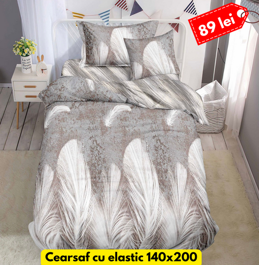 Lenjerie de pat, 1 persoana, Bumbac Finet, 4 piese, Cearceaf cu Elastic, LPE40