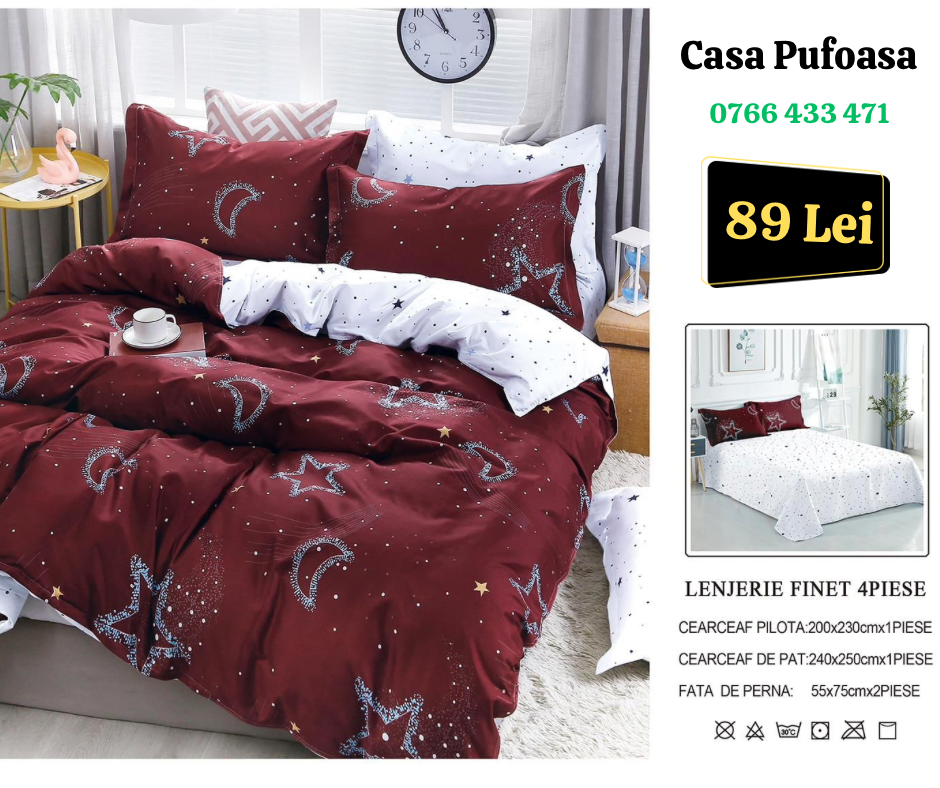 Lenjerie de pat dulu Finet , 4 piese , visiniu