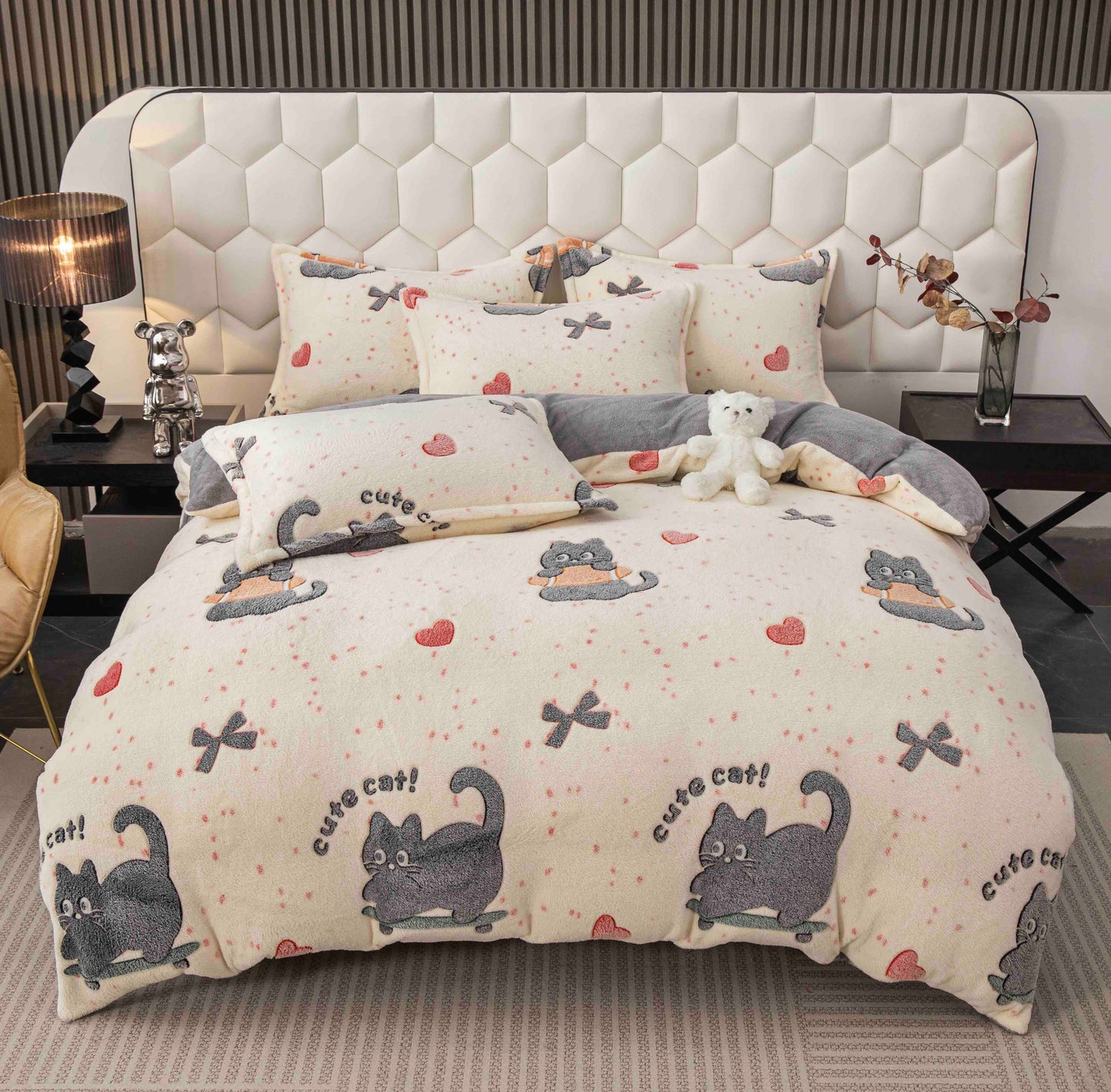 Lenjerie de pat dublu Cocolino , cearceaf cu elastic , 4 piese, Crem-Gri, LC12