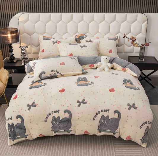 Lenjerie de pat dublu Cocolino , cearceaf cu elastic , 4 piese, Crem-Gri, LC12