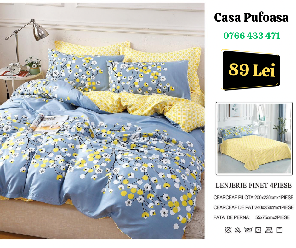 Lenjerie de pat dublu Finet , 4 piese, floricele
