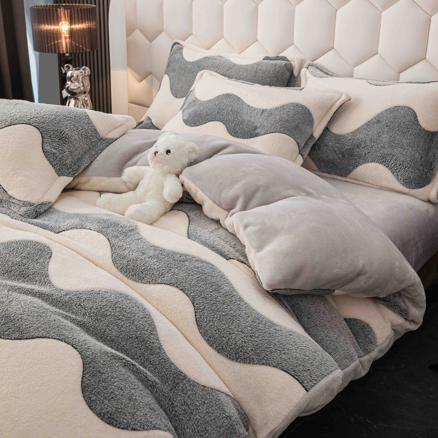 Lenjerie de pat dublu Cocolino , cearceaf cu elastic , 4 piese, ursuleți, Alb-Gri, LC15