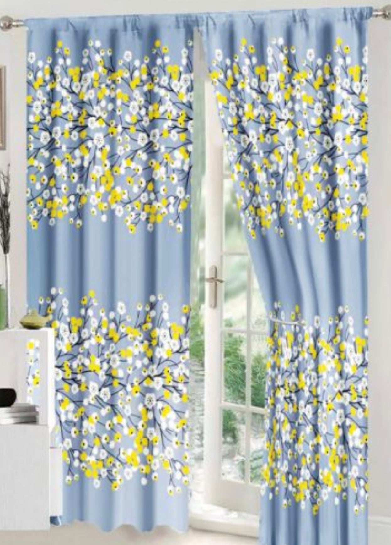 Set Lenjerie de pat Dublu + Draperii , set 8 piese, Galben-Turcoaz floricele , LDP05