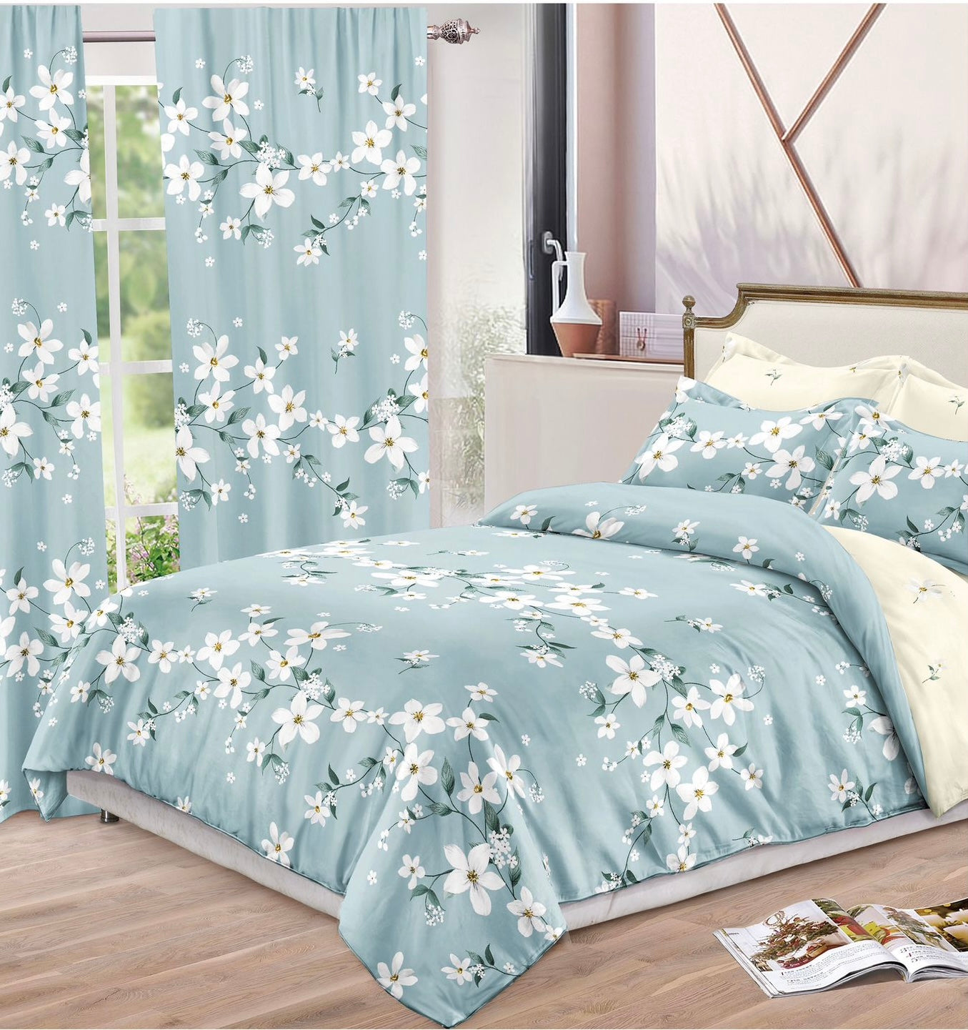 Set Lenjerie de pat Dublu Pucioasa + Draperii , set 8 piese, Flori, LDP010