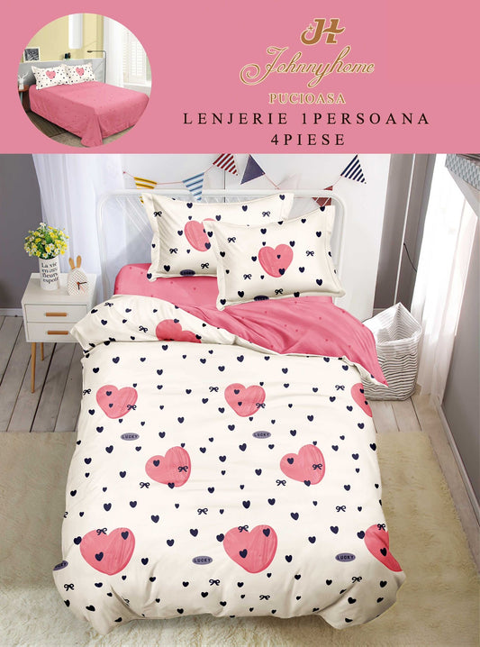Lenjerie de pat 1 persoană , Bumbac finet, 4 piese, Alb-Roz, LOP43