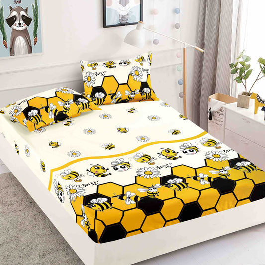 Set 3 piese, Husa de pat cu elastic din Bumbac Finet, 2 Fete de Perna, Pat 1 Persoana, 90x200, HJP19