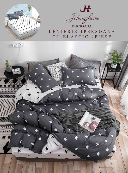 Lenjerie de pat, 1 persoana, Bumbac Finet, 4 piese, Cearceaf cu Elastic, LPE26