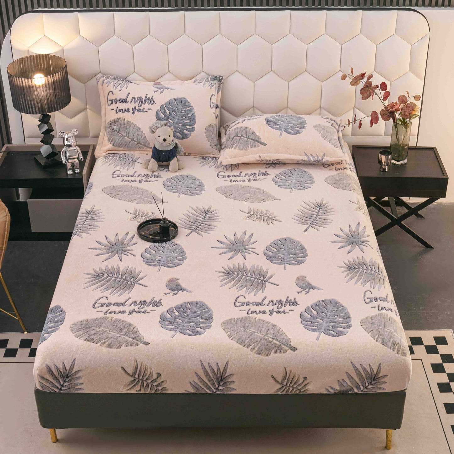 Husă groasa Cocolino cu elastic, pat dublu, 2 fețe de pernă, alb-gri, HPC48