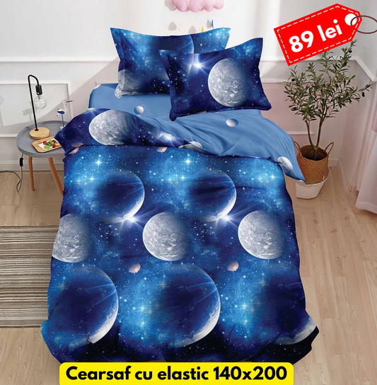 Lenjerie de pat, 1 persoana, Bumbac Finet, 4 piese, Cearceaf cu Elastic, LPE39