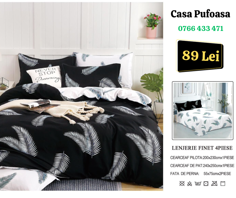 Lenjerie de pat dublu Finet , 4 piese , Pene alb/negru