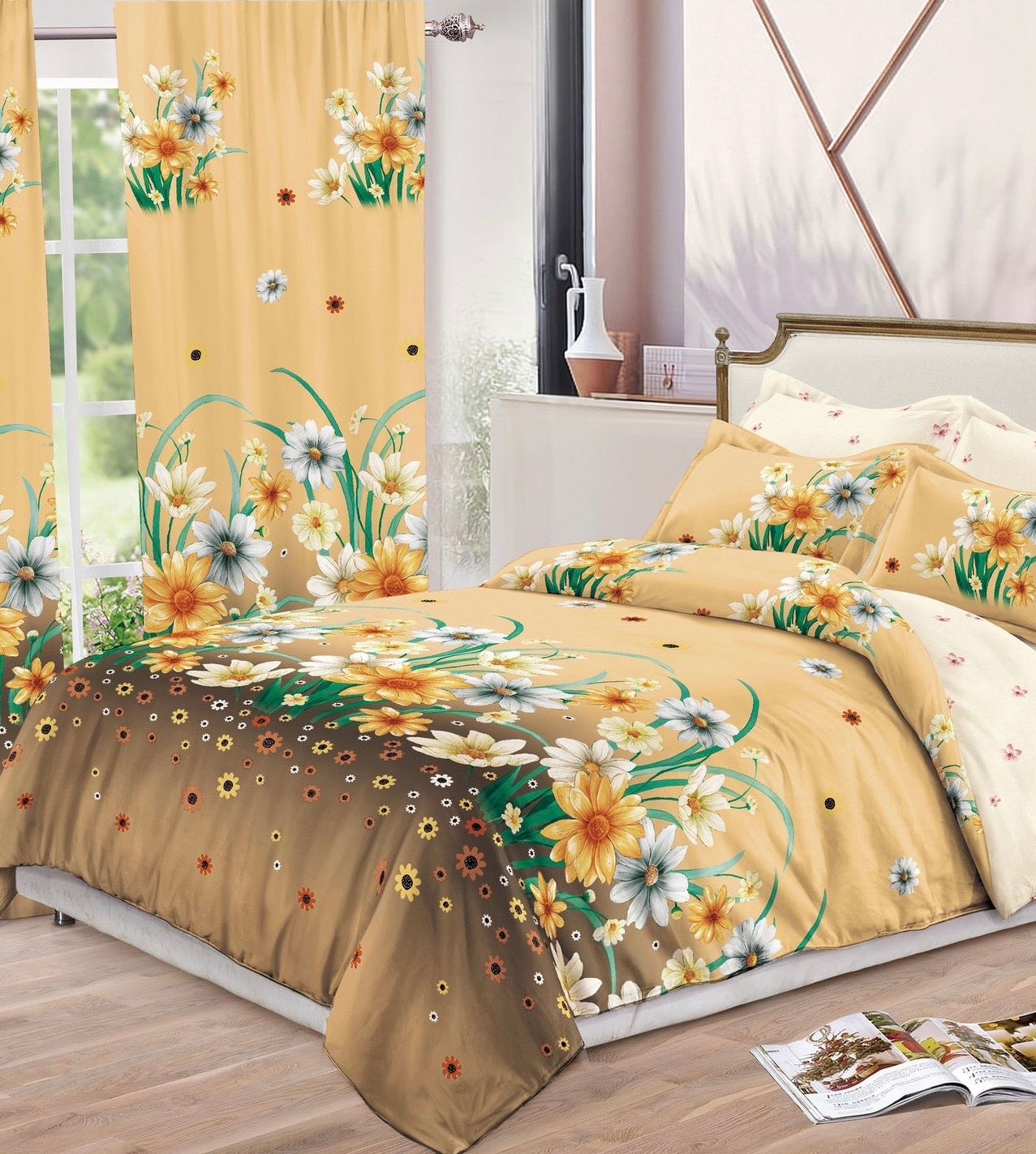 Set Lenjerie de pat Dublu Pucioasa + Draperii , set 8 piese, Floral, LDP12