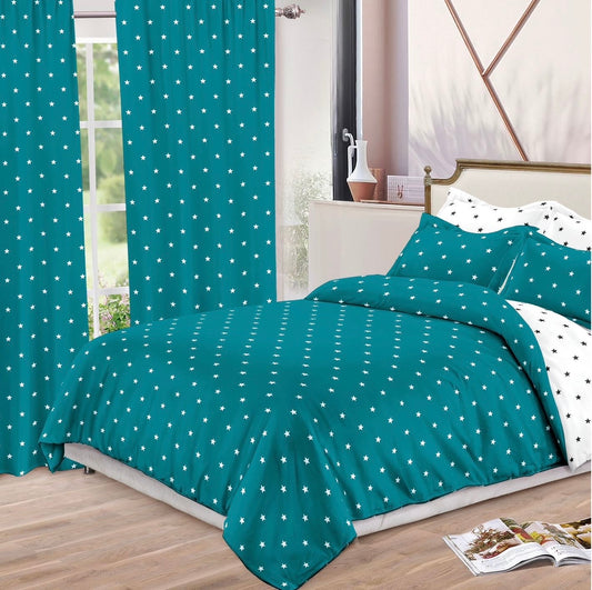 Set Lenjerie de pat Dublu + Draperii , set 8 piese, Alb-Turcoaz, LDP09