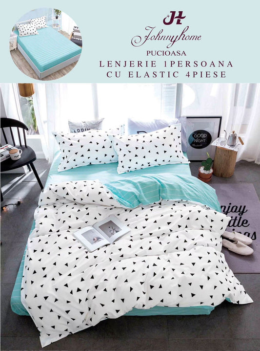 Lenjerie de pat, 1 persoana, Bumbac Finet, 4 piese, Cearceaf cu Elastic, Alb-Turcoaz, LPE24