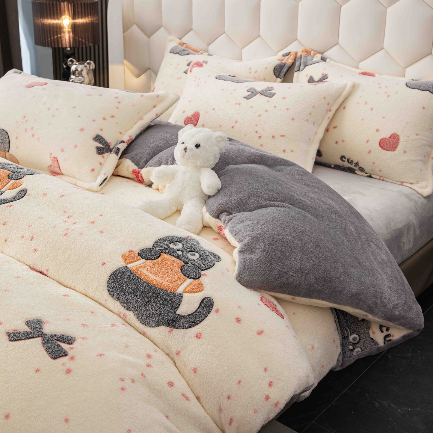 Lenjerie de pat dublu Cocolino , cearceaf cu elastic , 4 piese, Crem-Gri, LC12