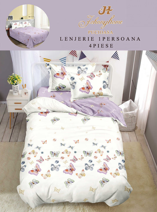 Lenjerie de pat 1 persoană , Bumbac finet, 4 piese, Alb-Lila Fluturi, LOP33