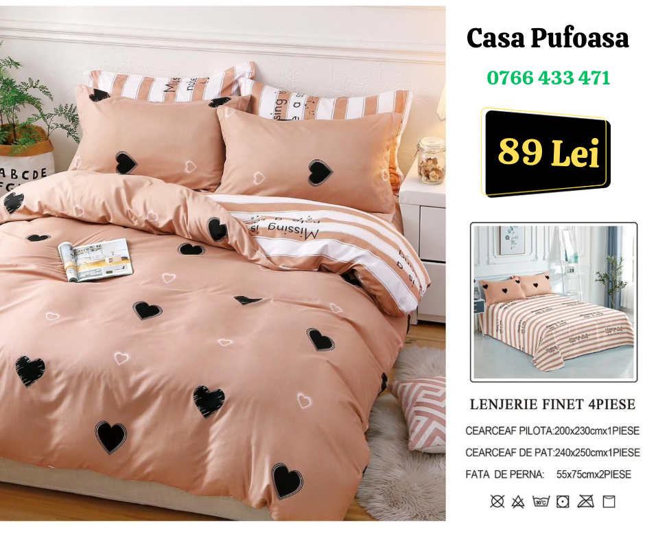 Lenjerie de pat dublu Finet , 4 piese , Inimi/crem