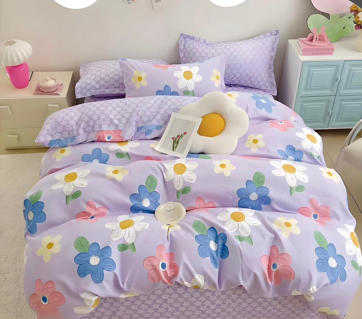 Lenjerie Bumbac finet, pat dublu, 6 piese, flori multicolor, LTT30