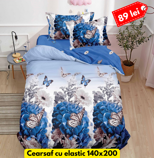 Lenjerie de pat, 1 persoana, Bumbac Finet, 4 piese, Cearceaf cu Elastic, LPE35