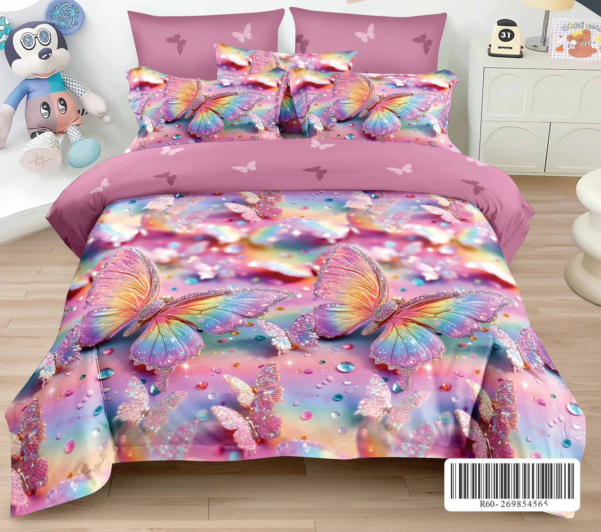 Lenjerie 3D, Bumbac finet, pat dublu, 6 piese, Roz fluturi, LTT29