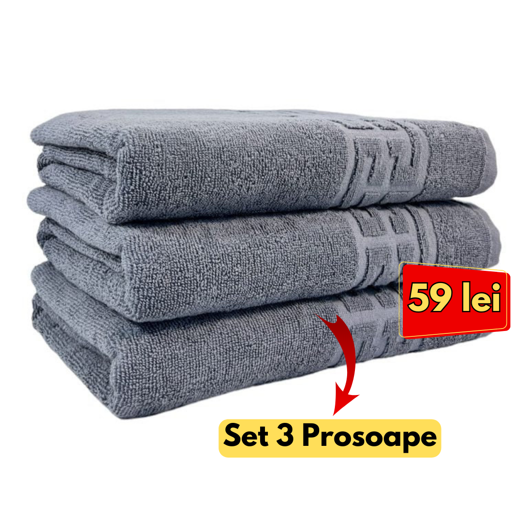 Set 3 Prosoape baie Medii 50x90 ,Model Greek Border 500g, Bumbac 100%, Gri