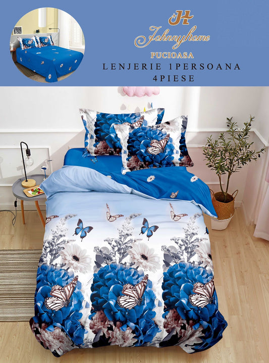 Lenjerie de pat 1 persoană , Bumbac finet, 4 piese, Albastru Fluturi, LOP41