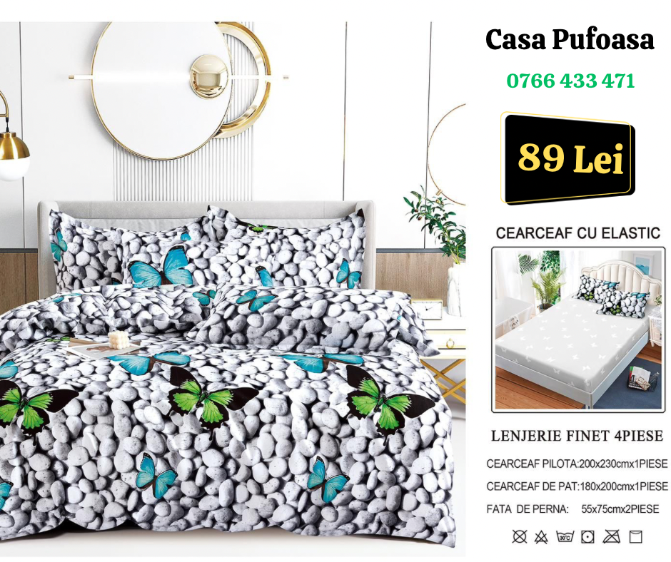 Lenjerie de pat dublu Finet , 4 piese , fluturi