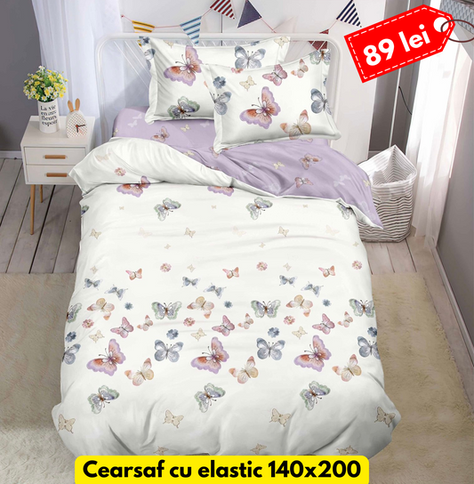 Lenjerie de pat, 1 persoana, Bumbac Finet, 4 piese, Cearceaf cu Elastic, LPE41