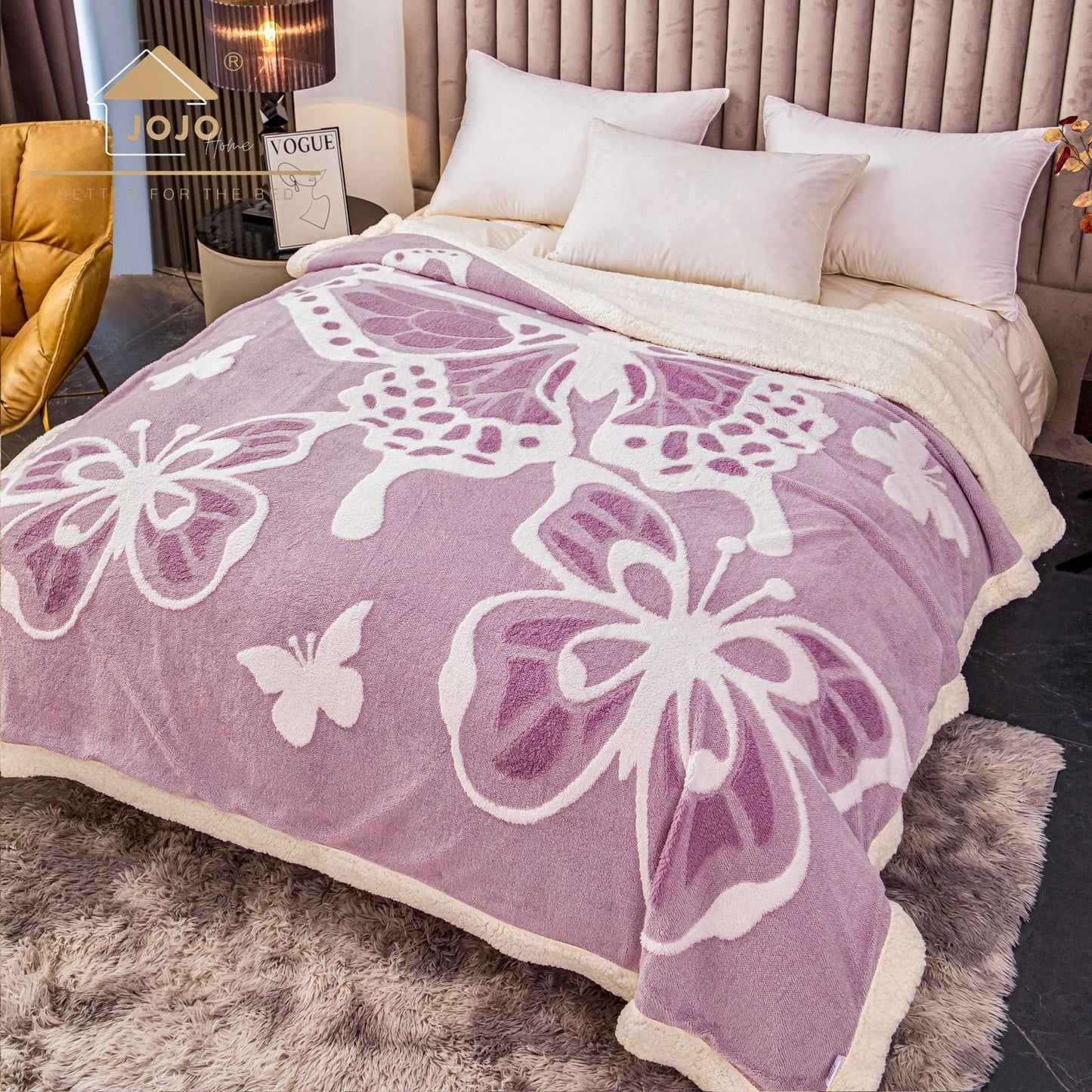 Patura groasa Cocolino cu blăniță, 200x230, Model Fluturi 3D, Mov-Lila, cod PTR15