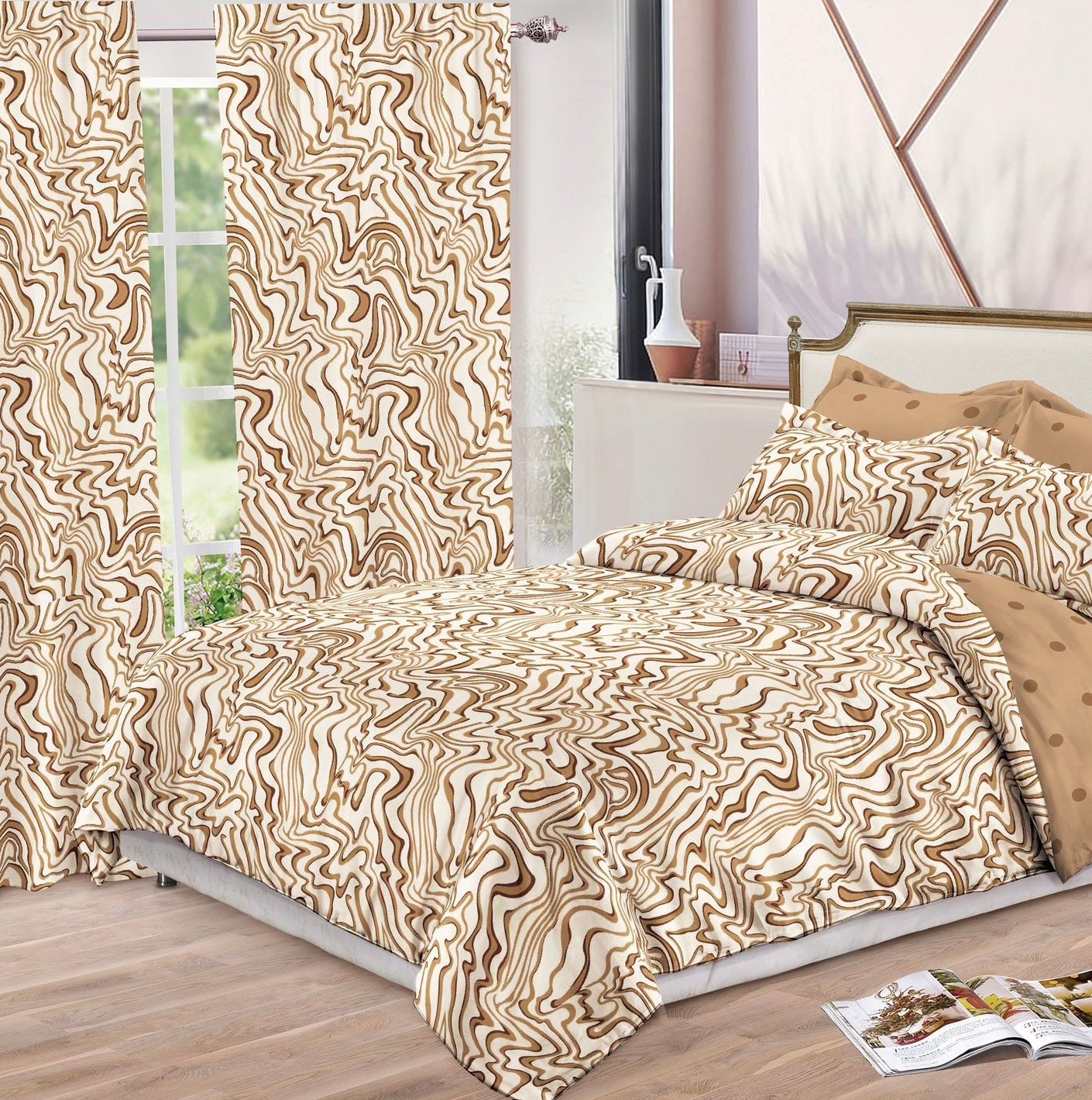 Set Lenjerie de pat Dublu Pucioasa + Draperii , set 8 piese, Bej-Maro, LDP13