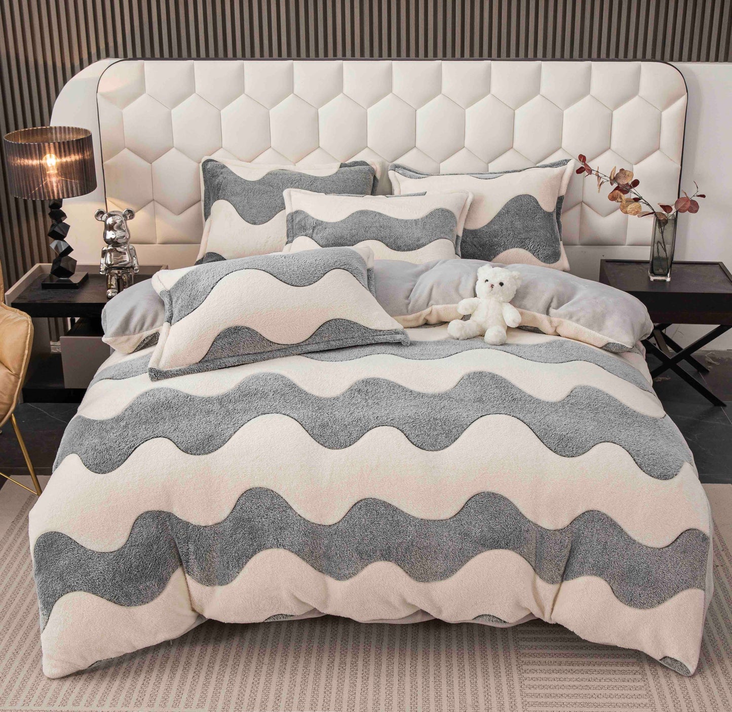 Lenjerie de pat dublu Cocolino , cearceaf cu elastic , 4 piese, ursuleți, Alb-Gri, LC15