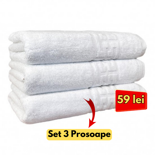 Set 3 Prosoape baie Medii 50x90 ,Model Greek Border 500g, Bumbac 100%, Alb