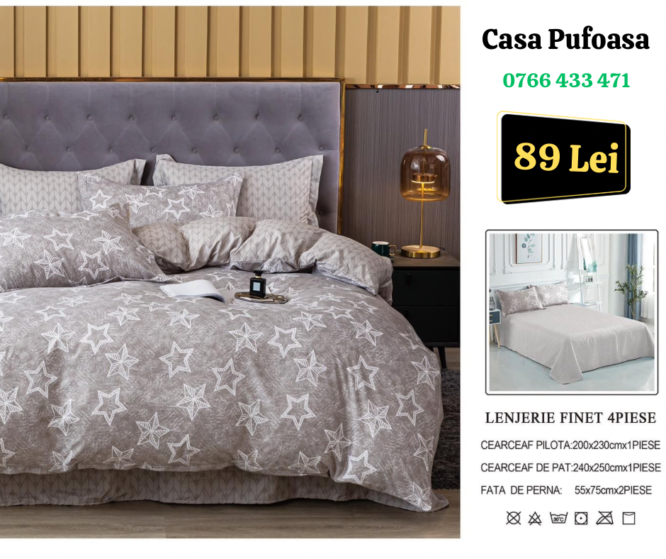 Lenjerie de pat dublu Finet , 4 piese , steluțe/gri
